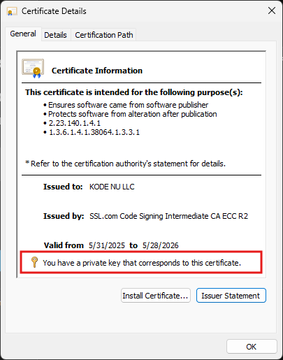 Certificate details with corresponding private key